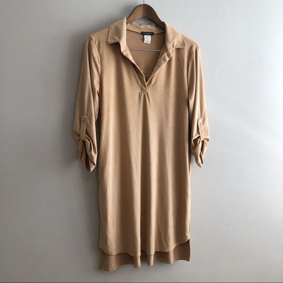 Cha Cha Vente Soft Suede Flowy Relaxed VNeck 3/4 Sleeve Mini Dress Tan - Picture 1 of 13